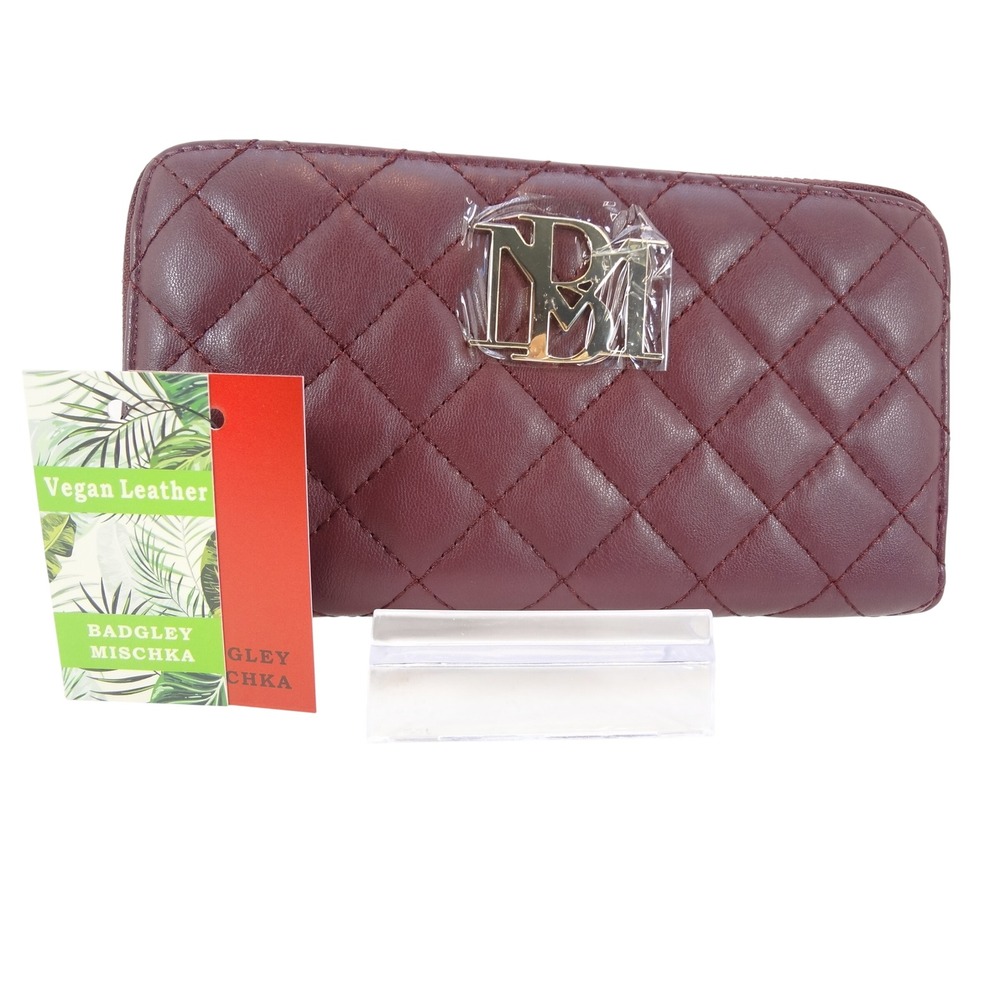Badgley Mischka Long Zip-Around Wallet Wine NEW Quilted Vegan Leather BM-4087